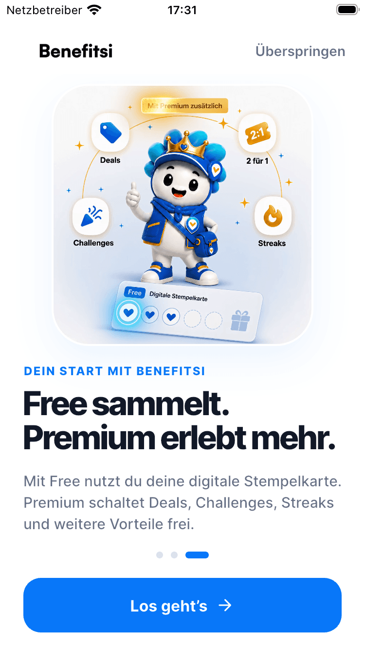 Echter Benefitsi-App-Screen mit Premium und digitaler Stempelkarte