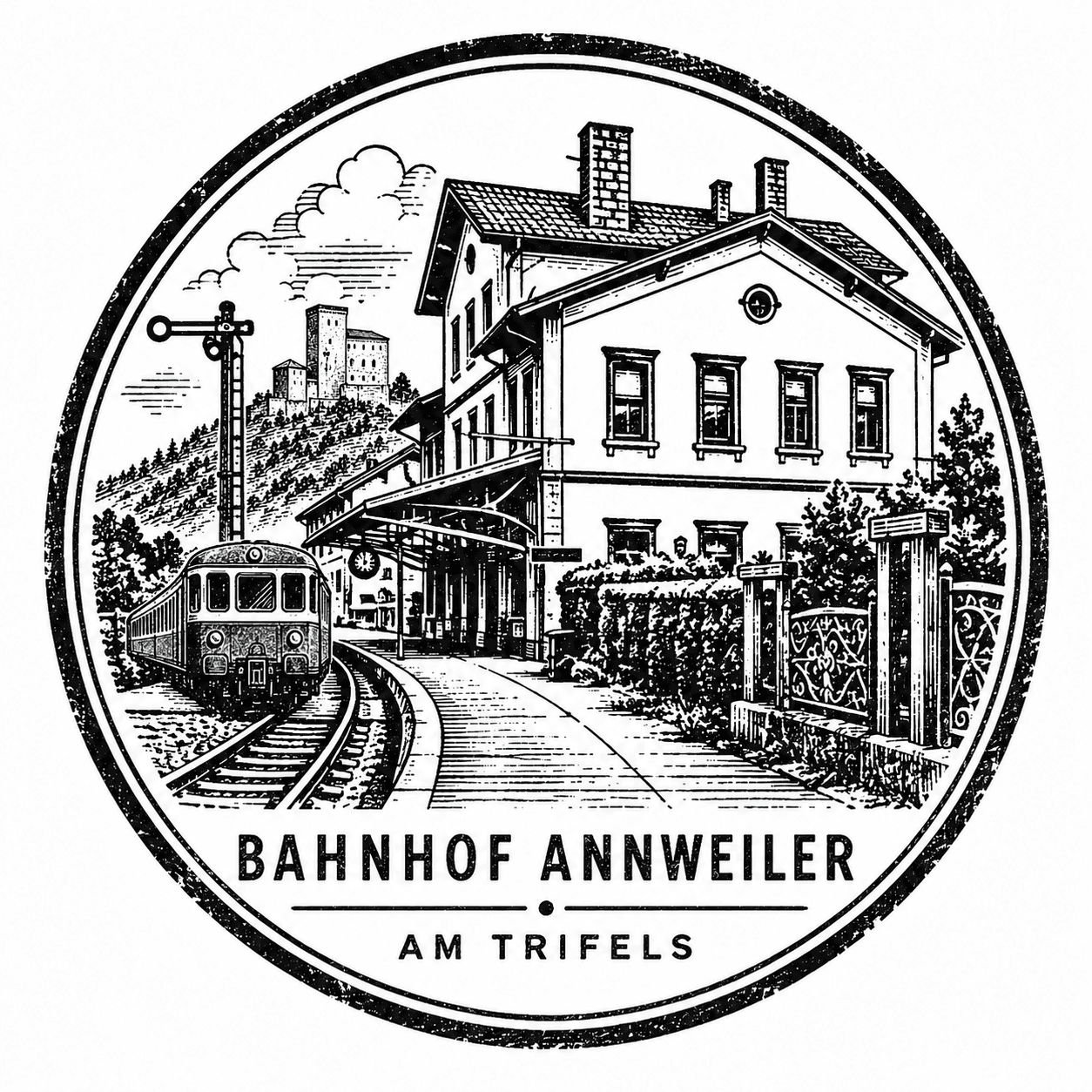 Schwarzer Memory Stamp des Bahnhofs Annweiler am Trifels